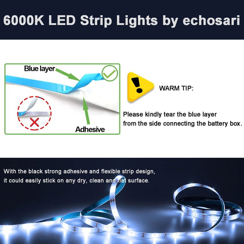 echosari Battery Operated Led Strip Lights White with Remote, 8 Modes, Dimmable, Timer, Self-Adhesive, Cuttable, for PC TV Kitchen Cabinet Shelves Bedroom Decor (3m 90LED) - Image 5
